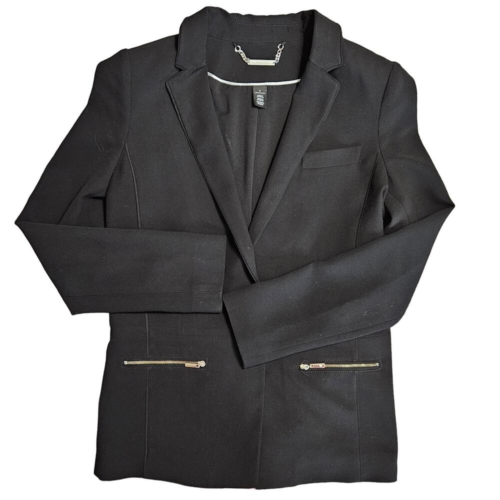 WHBM Womens 4 Blazer Zipper Pockets Lined Crepe Black Office Stretch Minimalist